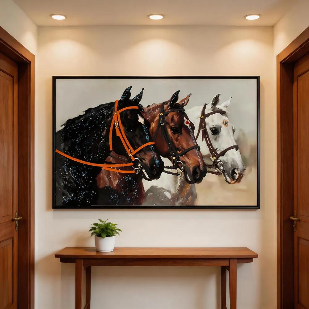 现代轻奢镶钻三马同骏手绘装饰画 立体肌理马术风艺术横版挂画 客厅沙发背景墙装饰