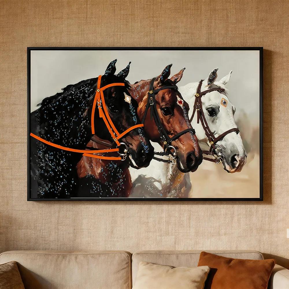 现代轻奢镶钻三马同骏手绘装饰画 立体肌理马术风艺术横版挂画 客厅沙发背景墙装饰