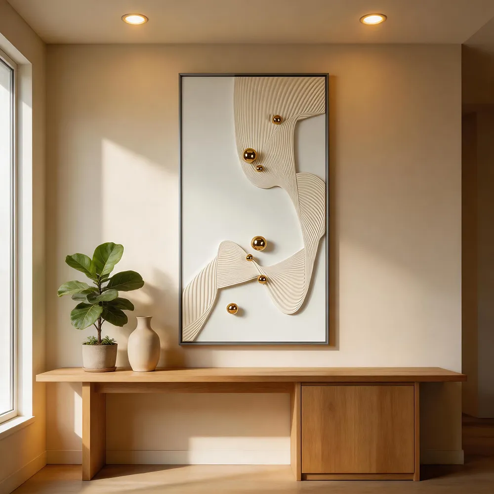 现代轻奢立体纸雕金珠抽象装饰画 奶油风肌理艺术挂画 入户玄关竖版墙饰