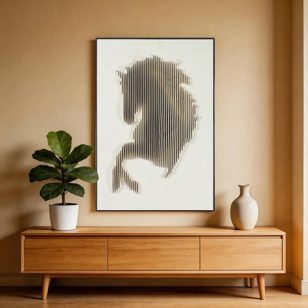 现代极简立体条纹雕刻马头装饰画 抽象肌理木雕艺术挂画 入户玄关竖版墙饰
