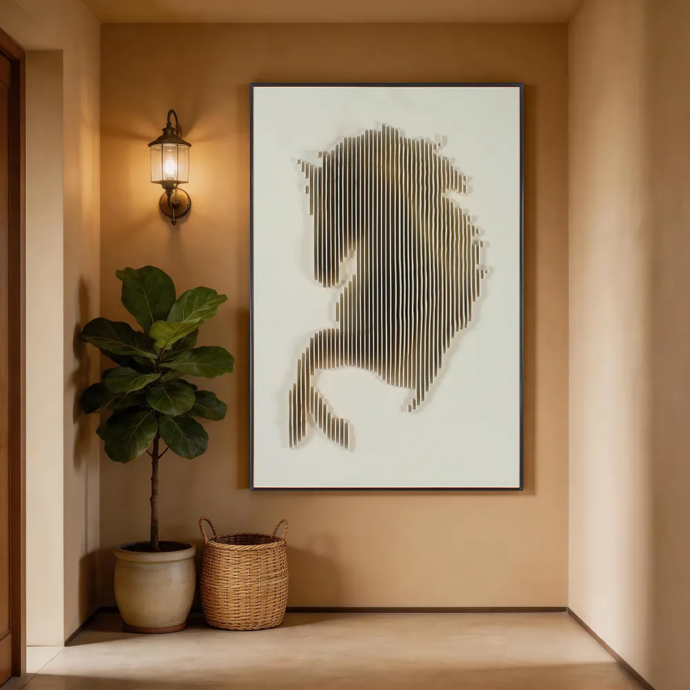 现代极简立体条纹雕刻马头装饰画 抽象肌理木雕艺术挂画 入户玄关竖版墙饰