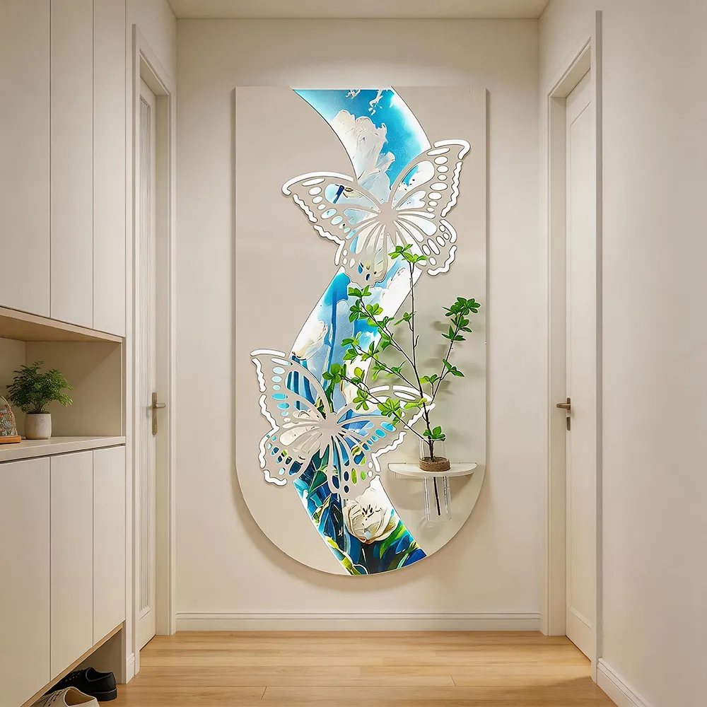奶油风镂空立体蝴蝶置物装饰画 清新花艺艺术挂画 入户玄关竖版墙饰