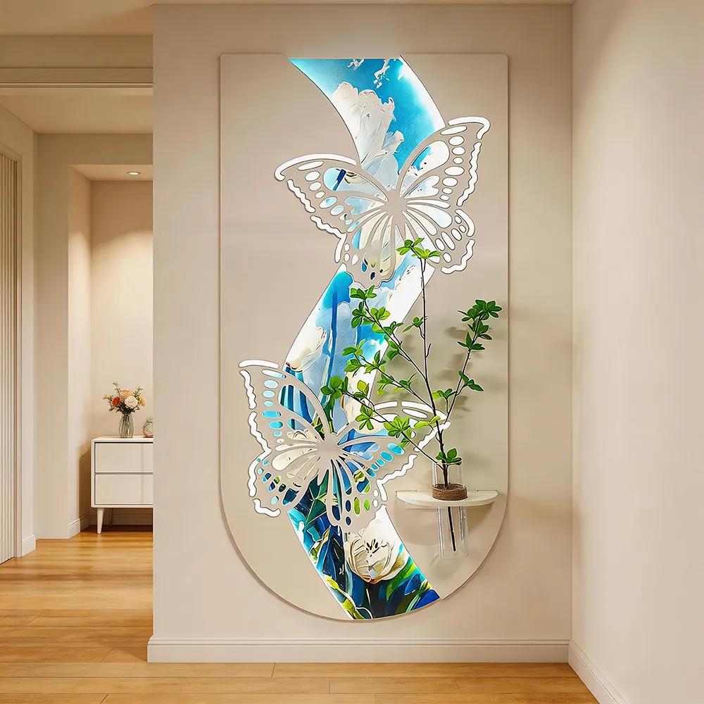 奶油风镂空立体蝴蝶置物装饰画 清新花艺艺术挂画 入户玄关竖版墙饰