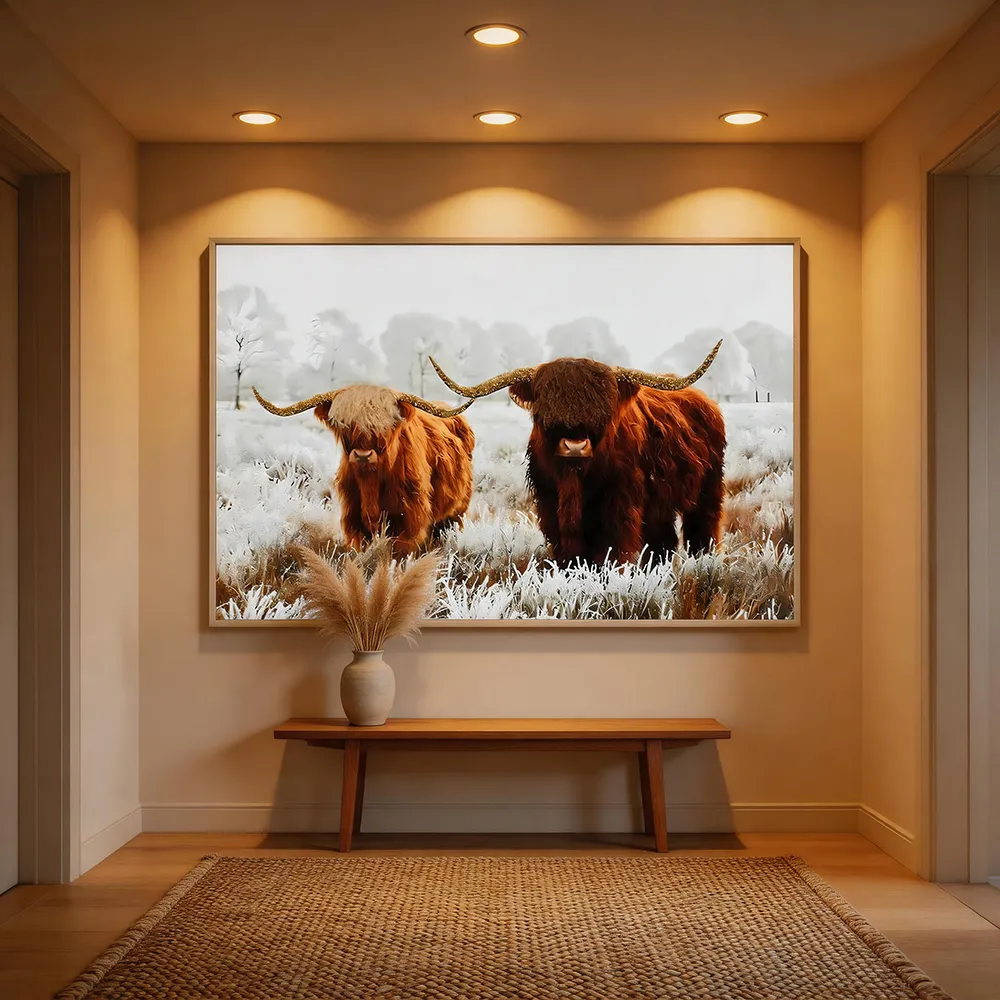 北欧自然风高地牛风景装饰画 雪地牧场动物艺术挂画 客厅沙发背景墙软装墙饰