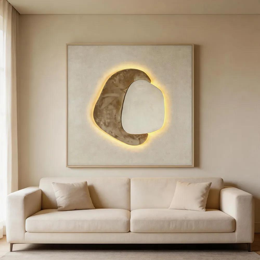 现代轻奢背光抽象石形装饰画 奶油色立体艺术挂画 玄关客厅软装墙饰