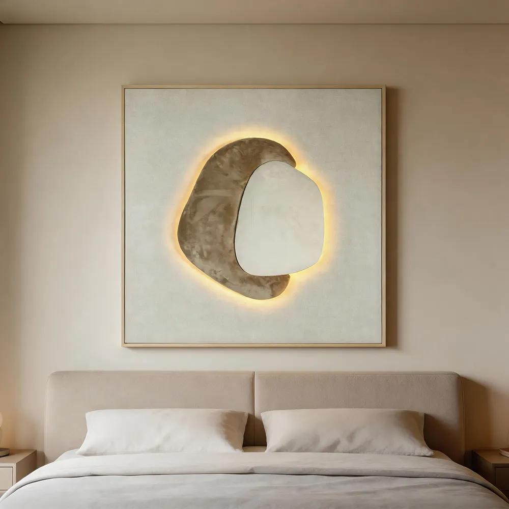 现代轻奢背光抽象石形装饰画 奶油色立体艺术挂画 玄关客厅软装墙饰