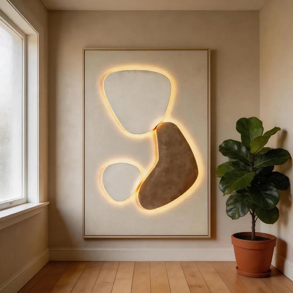 现代轻奢背光抽象石形装饰画 奶油色立体艺术挂画 玄关客厅软装墙饰