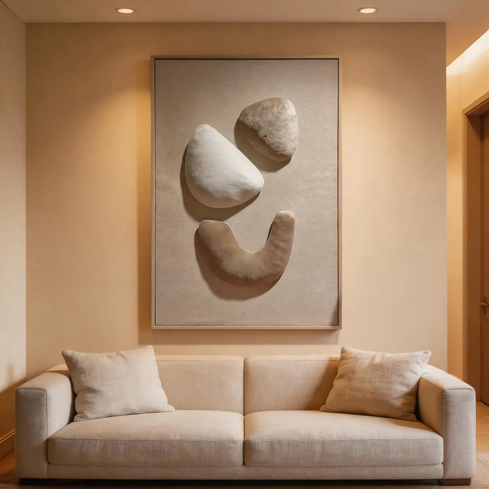 现代侘寂风立体鹅卵石装饰画 奶油色肌理艺术挂画 玄关客厅软装墙饰