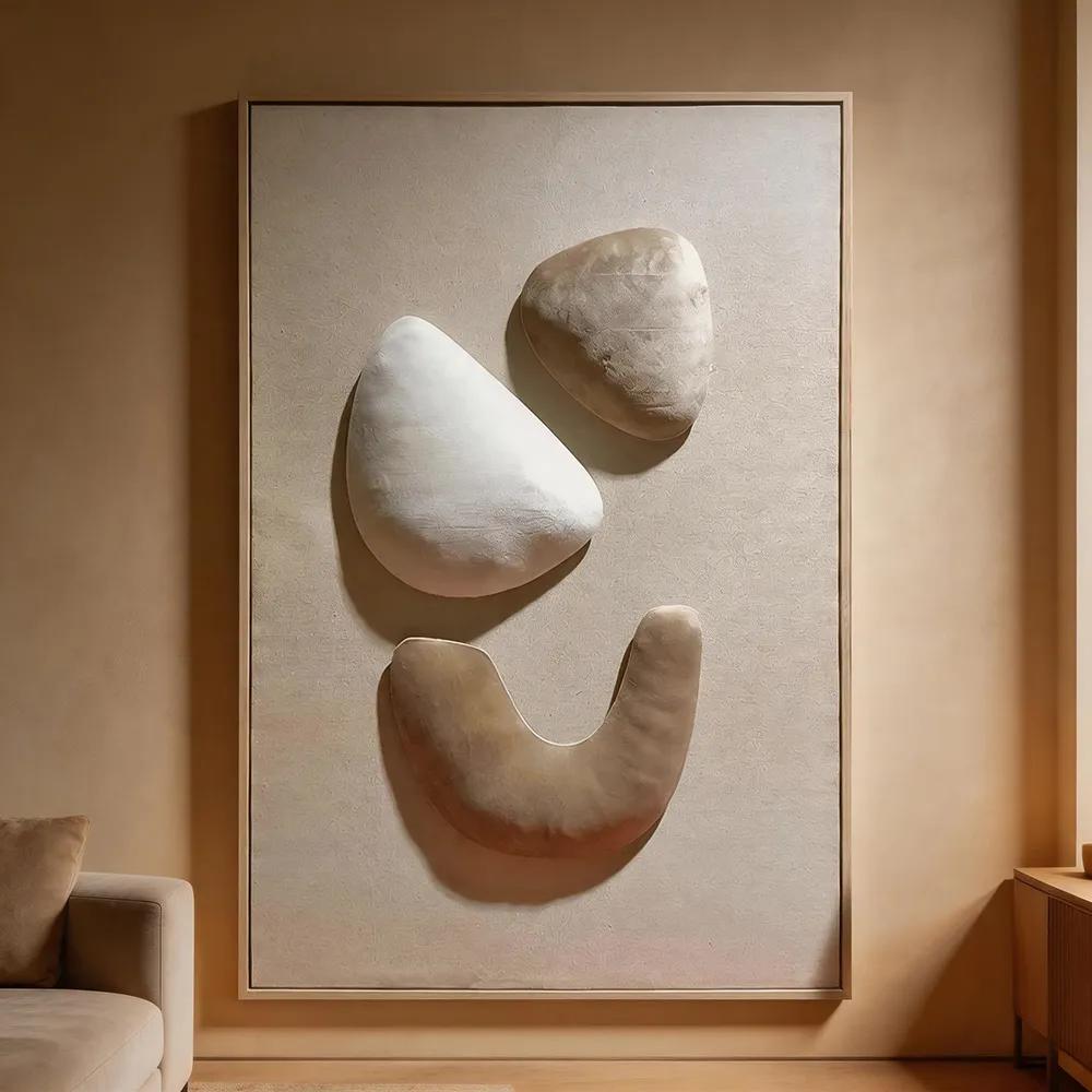 现代侘寂风立体鹅卵石装饰画 奶油色肌理艺术挂画 玄关客厅软装墙饰