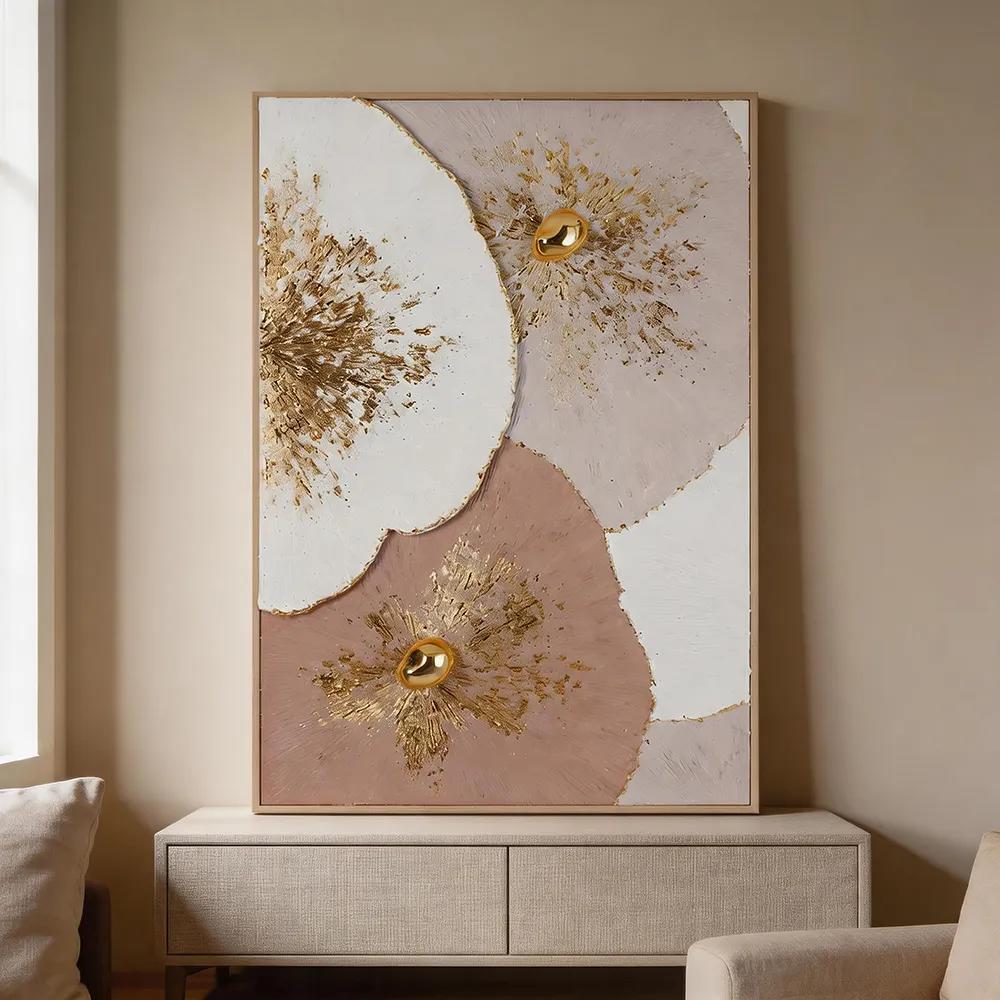 现代轻奢金珠花蕊肌理装饰画 粉白色抽象花艺艺术挂画 玄关客厅软装墙饰