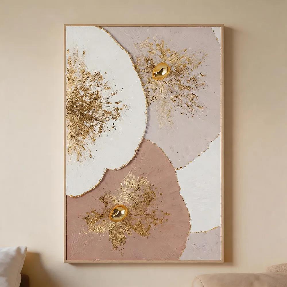 现代轻奢金珠花蕊肌理装饰画 粉白色抽象花艺艺术挂画 玄关客厅软装墙饰