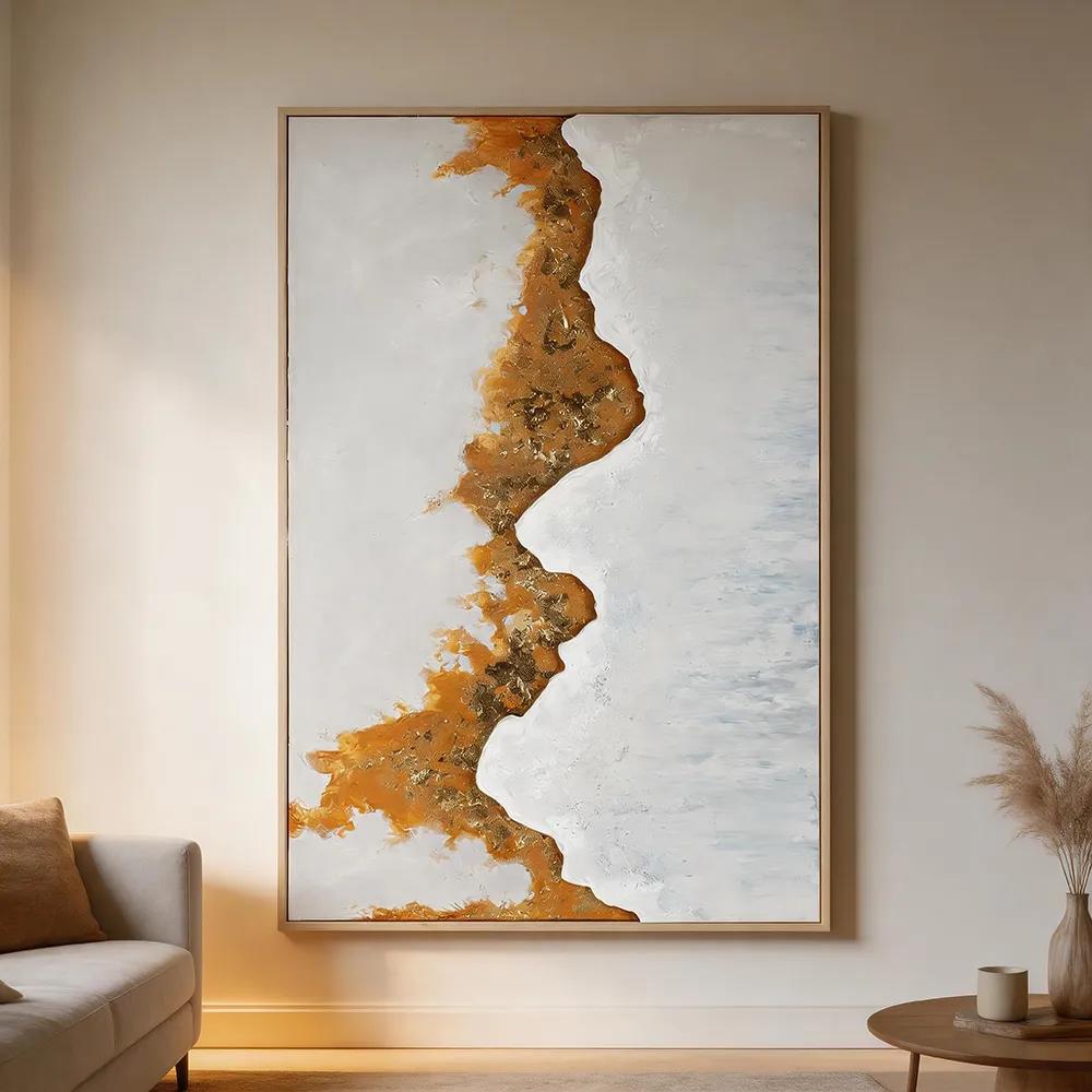 现代轻奢鎏金河流肌理抽象装饰画 蓝白双拼立体艺术挂画 玄关客厅软装墙饰