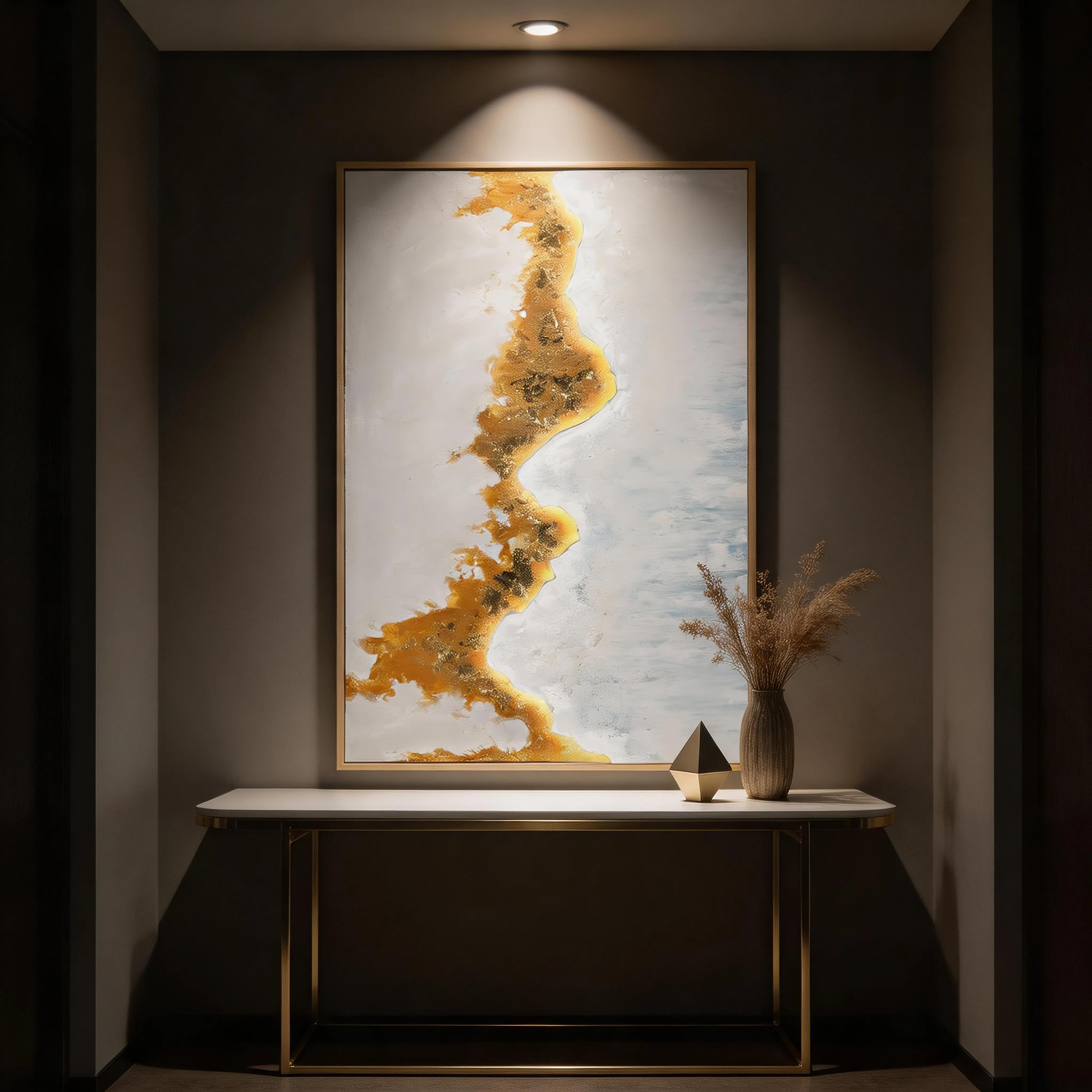 现代轻奢鎏金河流肌理抽象装饰画 蓝白双拼立体艺术挂画 玄关客厅软装墙饰