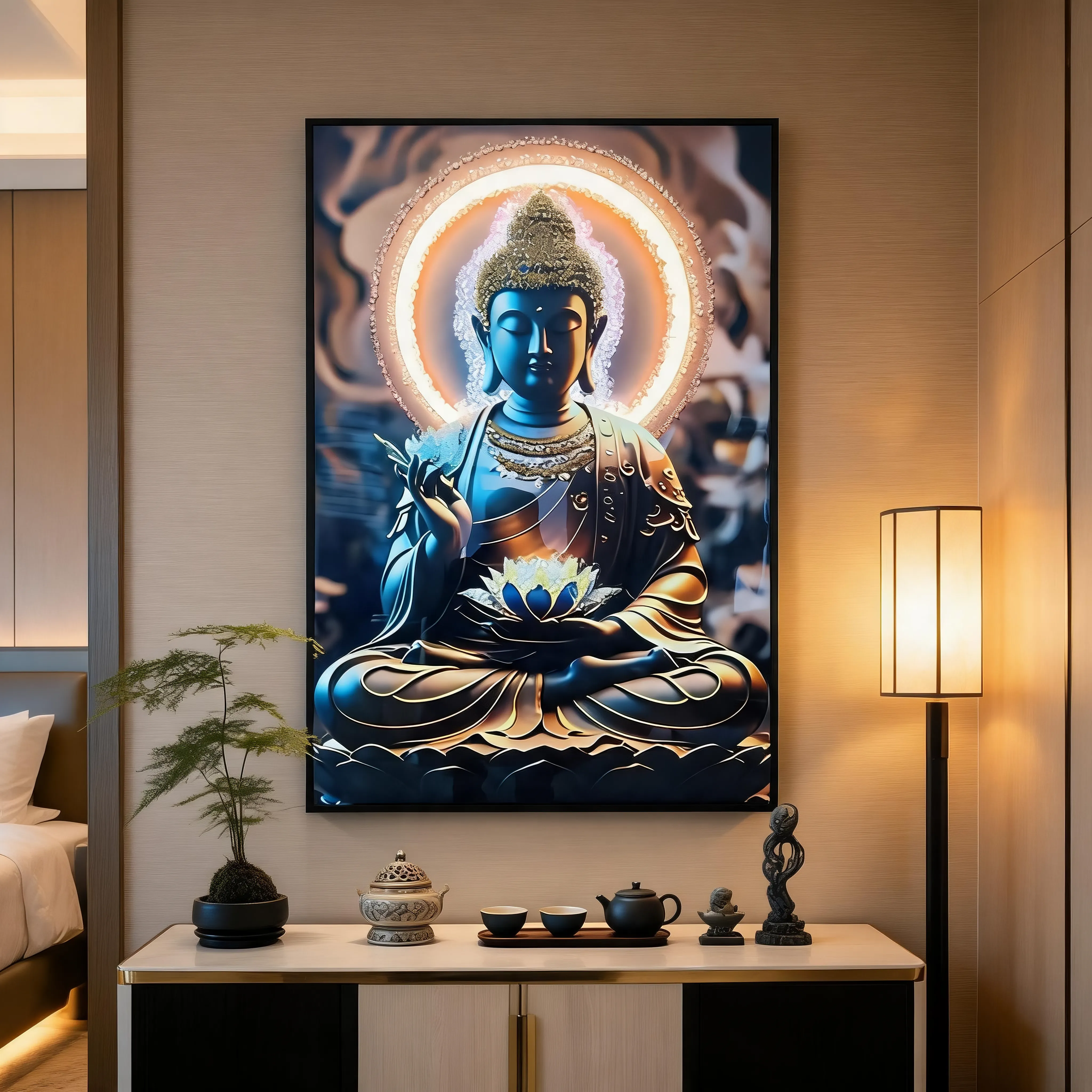 现代轻奢背光彩钻佛陀佛像装饰画 立体镶钻禅意艺术挂画 玄关客厅入户软装墙饰