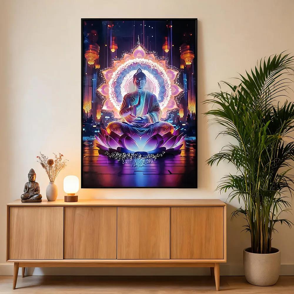 现代轻奢镶钻背光佛祖莲花装饰画 赛博禅意艺术挂画 玄关客厅入户软装墙饰
