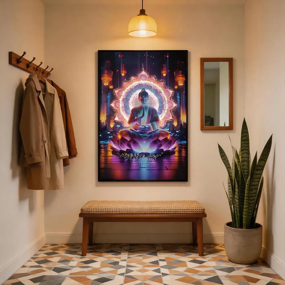 现代轻奢镶钻背光佛祖莲花装饰画 赛博禅意艺术挂画 玄关客厅入户软装墙饰