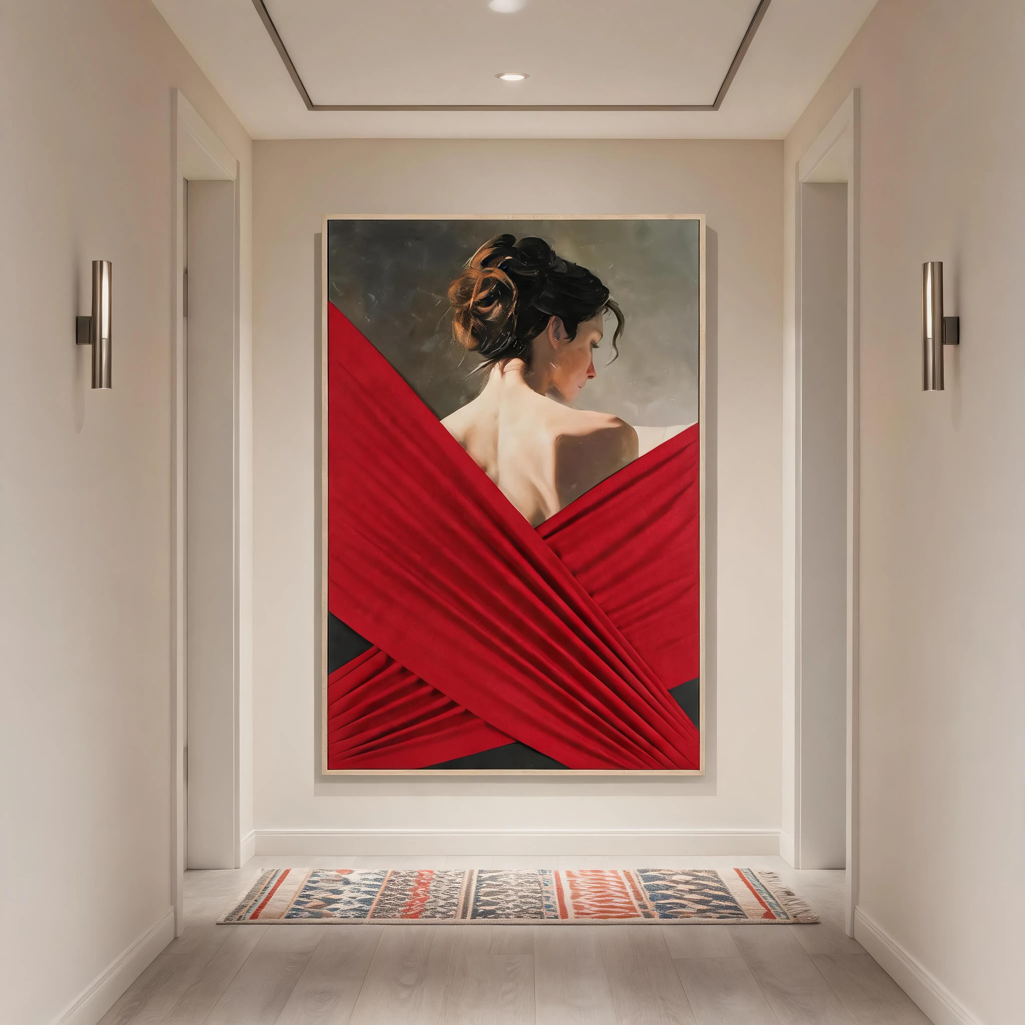 现代轻奢立体布艺人物背影装饰画 红调氛围感艺术挂画 玄关客厅软装墙饰