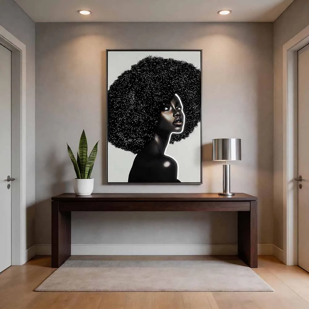 现代轻奢霓虹轮廓爆炸头女性装饰画 黑金色人物双拼艺术挂画 玄关客厅软装墙饰