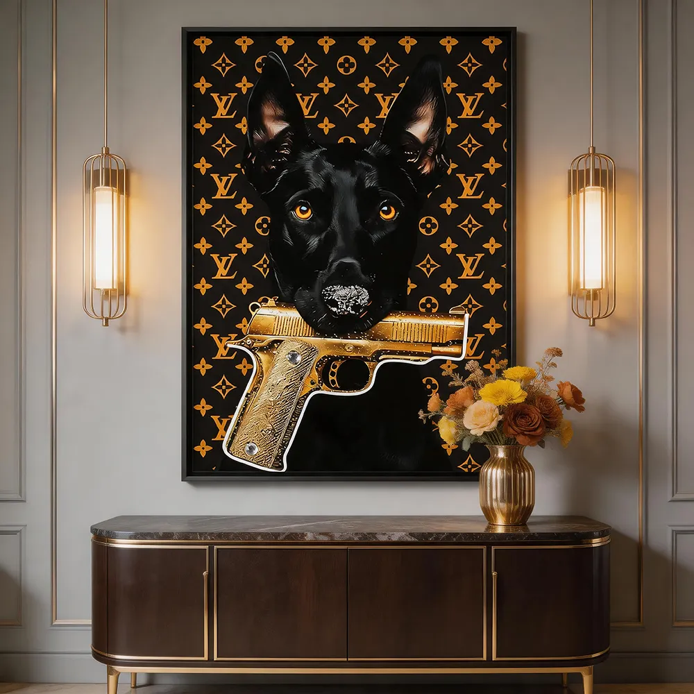 现代轻奢奢潮黑金杜宾犬装饰画 霓虹手枪潮酷双拼艺术挂画 玄关客厅软装墙饰