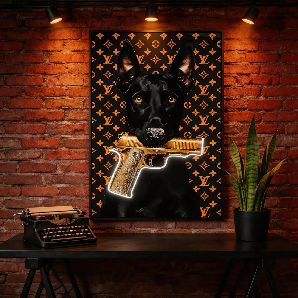 现代轻奢奢潮黑金杜宾犬装饰画 霓虹手枪潮酷双拼艺术挂画 玄关客厅软装墙饰