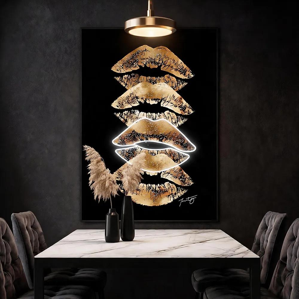 现代奢潮黑金唇印装饰画 霓虹灯圈闪钻质感双拼艺术挂画 玄关客餐厅个性墙面软装