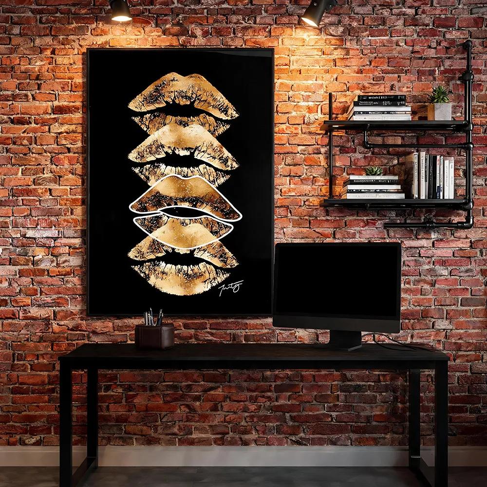 现代奢潮黑金唇印装饰画 霓虹灯圈闪钻质感双拼艺术挂画 玄关客餐厅个性墙面软装