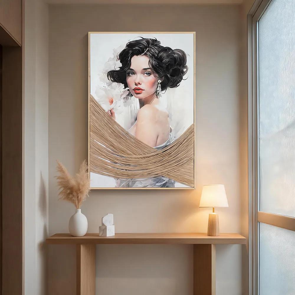 现代侘寂风麻绳编织优雅女性水彩装饰画 柔美人像创意立体艺术挂画 客厅玄关精致软装墙饰