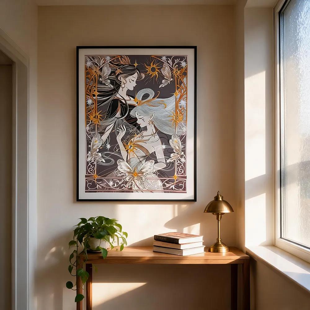 复古塔罗风烫金双女神艺术装饰画 日月精灵蝴蝶插画创意挂画 客厅玄关个性艺术墙饰
