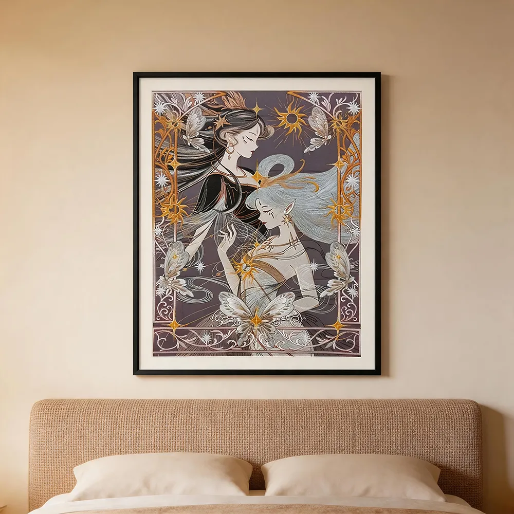 复古塔罗风烫金双女神艺术装饰画 日月精灵蝴蝶插画创意挂画 客厅玄关个性艺术墙饰