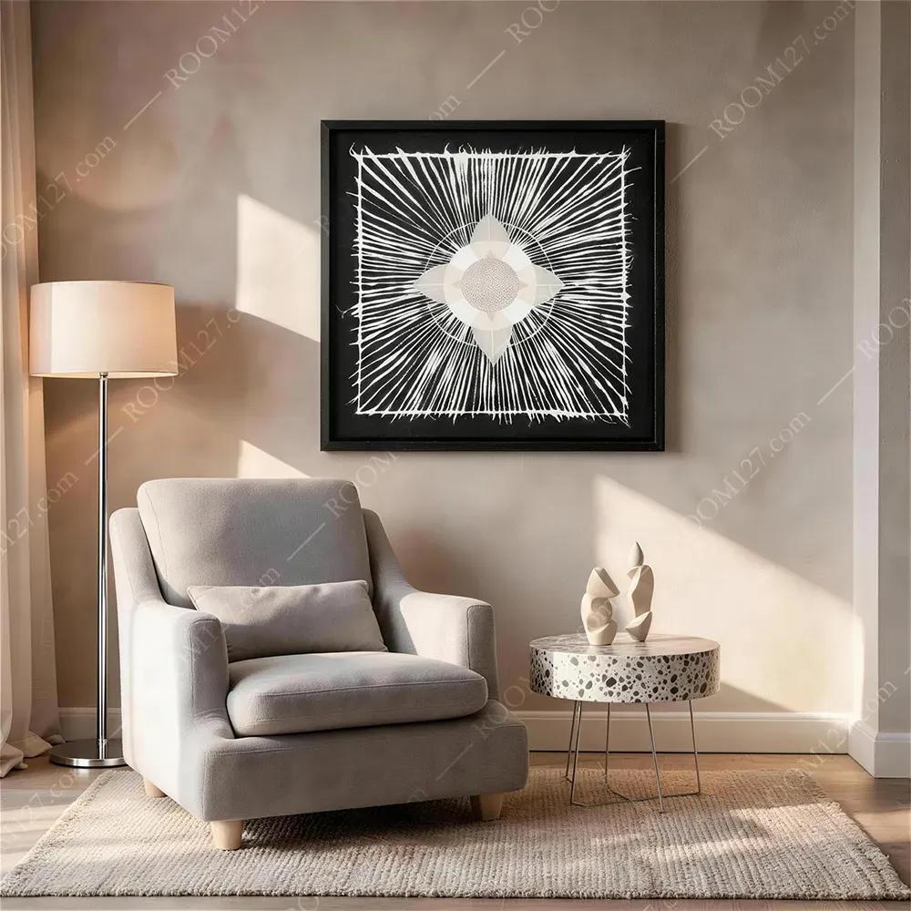 现代轻奢风黑底白纹羽毛中心实物装饰画 四叶对称抽象立体艺术挂画 客厅玄关高级反差质感墙饰