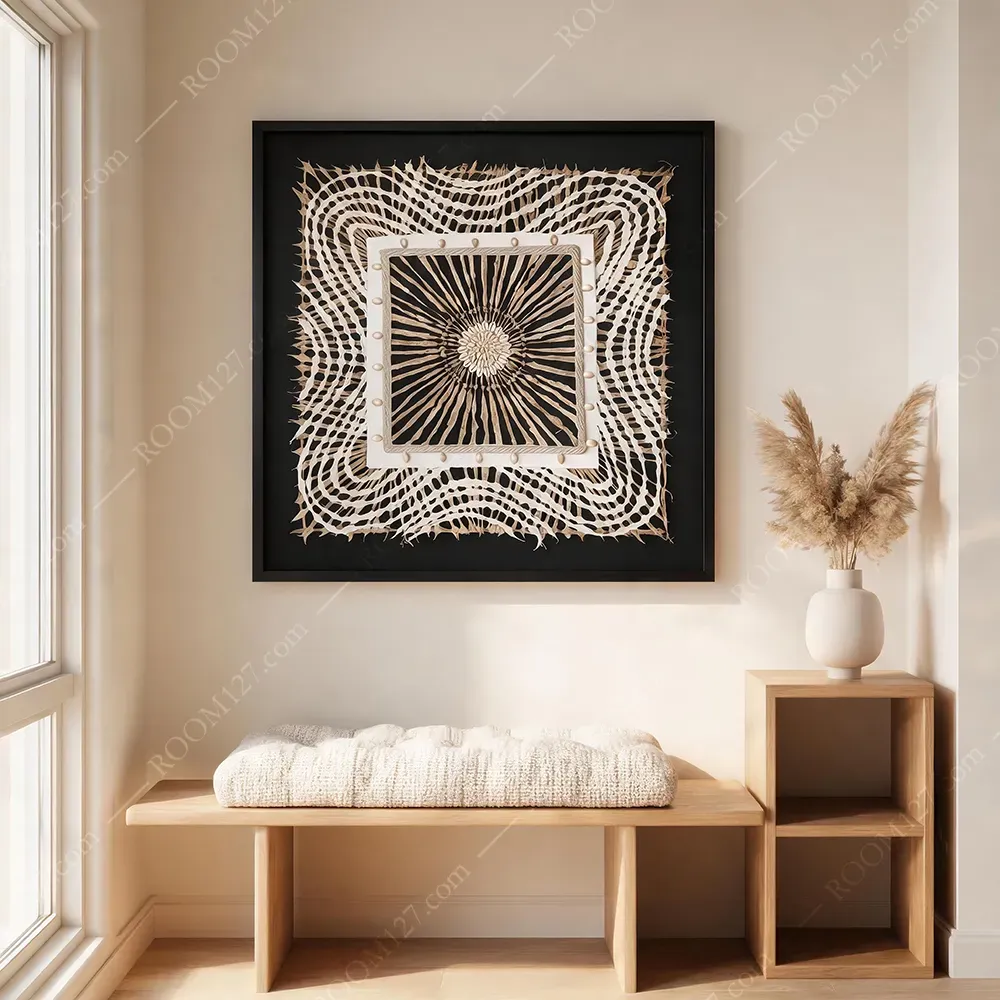 现代轻奢黑底实物装饰画 米珠方边放射中心立体艺术挂画 客厅玄关复古动感质感墙饰