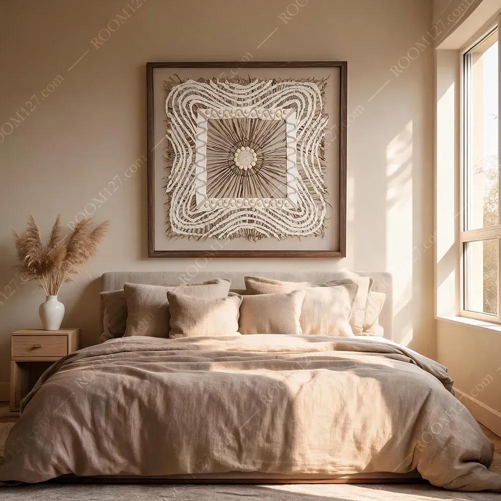 现代侘寂风实物装饰画 米珠方边中心放射立体艺术挂画 客厅玄关自然柔和质感墙饰