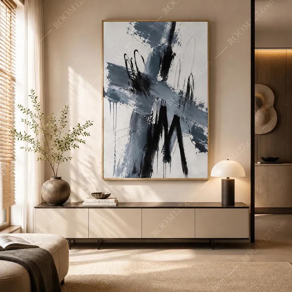 现代侘寂风欧式蓝黑灰泼墨流痕抽象装饰画 笔触动感竖版艺术挂画 客厅玄关冷调高级氛围感墙饰