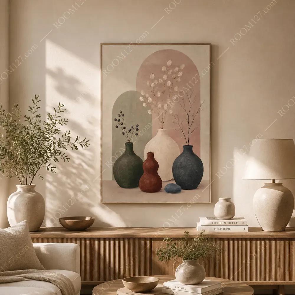 现代侘寂风欧式莫兰迪多色陶罐静物装饰画 拱门背景干枝植物雅致竖版艺术挂画 餐厅玄关复古质感墙饰