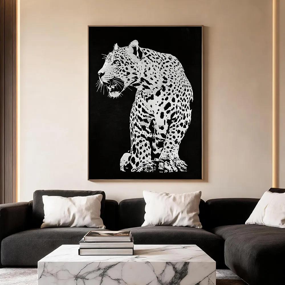 现代轻奢猎豹刺绣装饰画 黑白抽象动物艺术壁画 客厅卧室酒店挂画