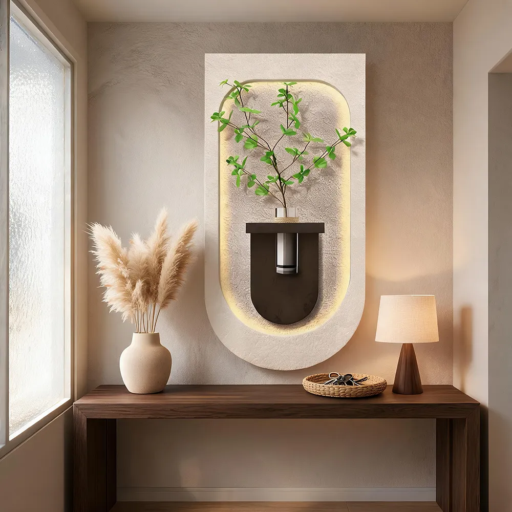 现代奶油风砂岩LED花器装饰画 创意绿植壁灯艺术挂画 客厅玄关氛围灯壁画