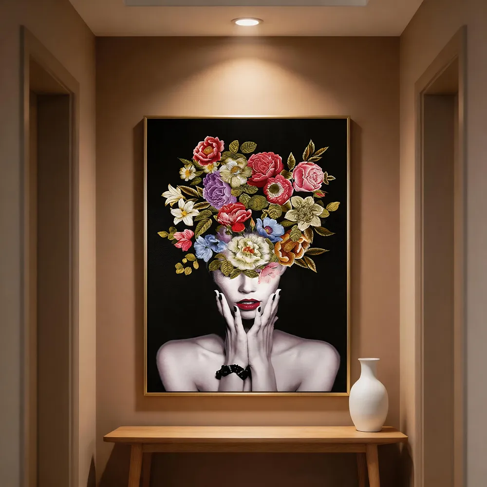 现代轻奢人物花卉刺绣装饰画 艺术人物挂画 客厅沙发背景墙壁画