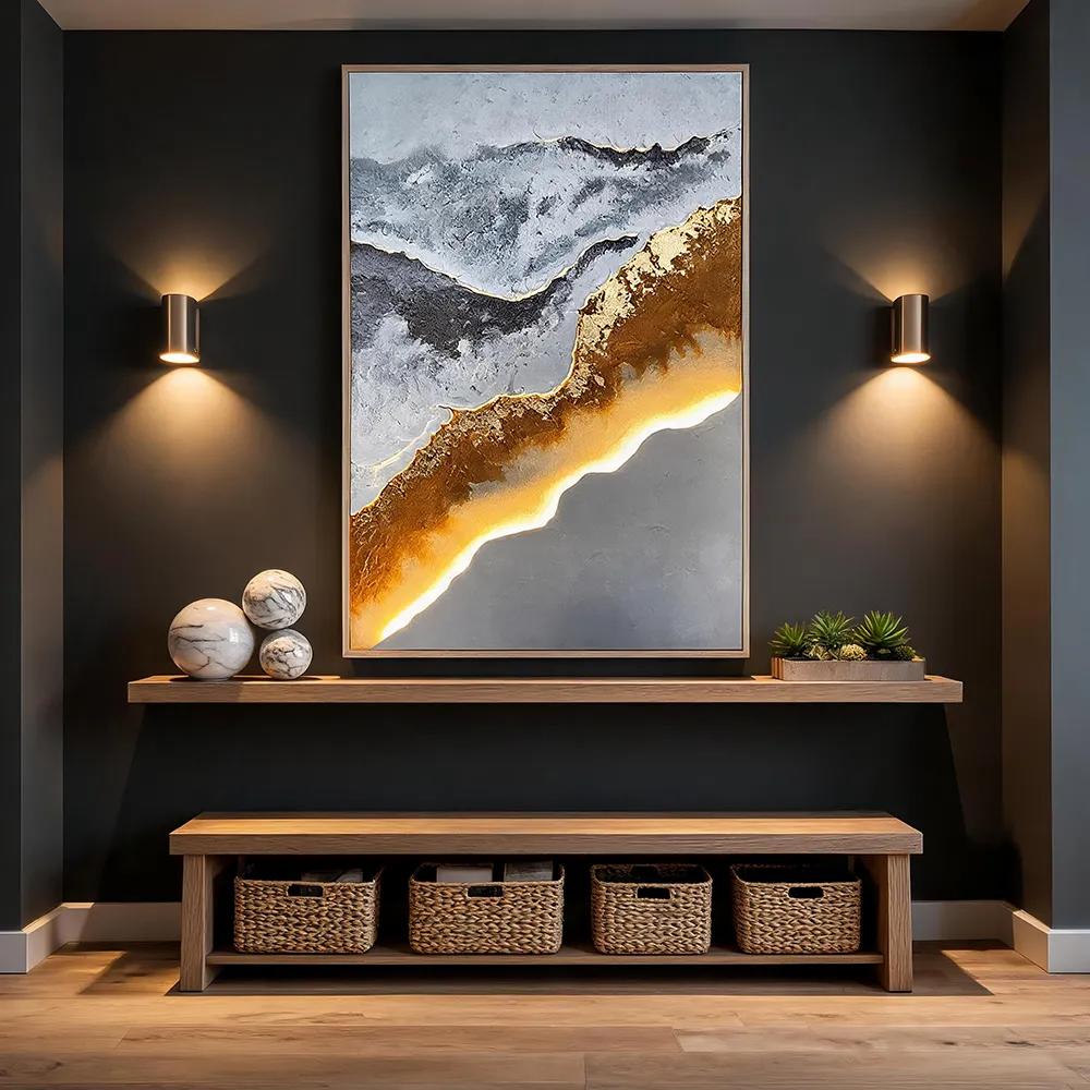 现代意境LED发光装饰画 手绘抽象山水岩层艺术壁画 客厅轻奢氛围挂画