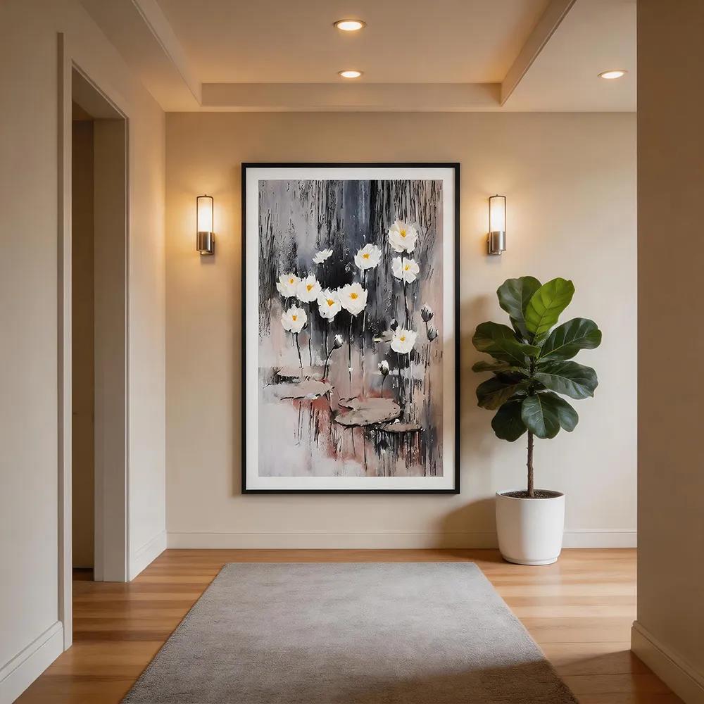 侘寂风手绘白色睡莲立体肌理装饰画 莫兰迪灰调抽象花卉艺术挂画 玄关卧室软装墙饰