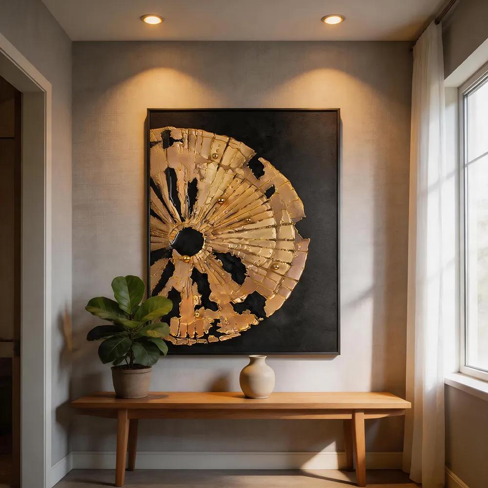 轻奢黑金半轮金箔立体装饰画 抽象肌理艺术挂画 玄关客厅高端墙饰