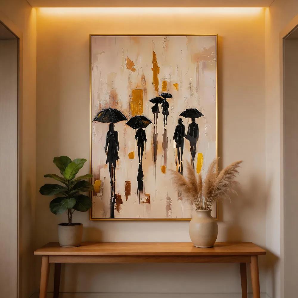 现代轻奢抽象雨中行人手绘油画 都市肌理艺术挂画 玄关客厅软装墙饰