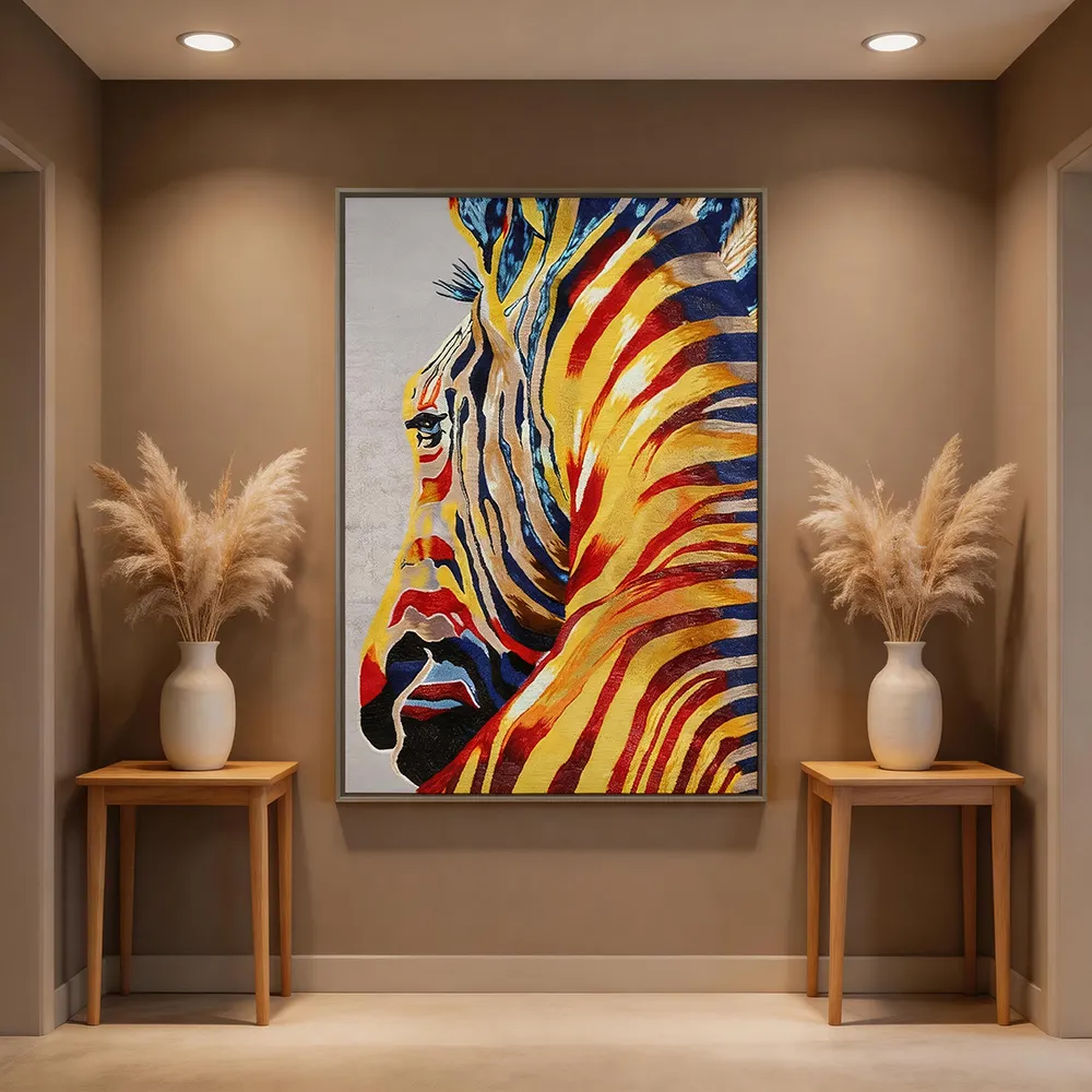 现代轻奢彩色斑马刺绣装饰画 波普风动物艺术挂画 玄关客厅软装墙饰
