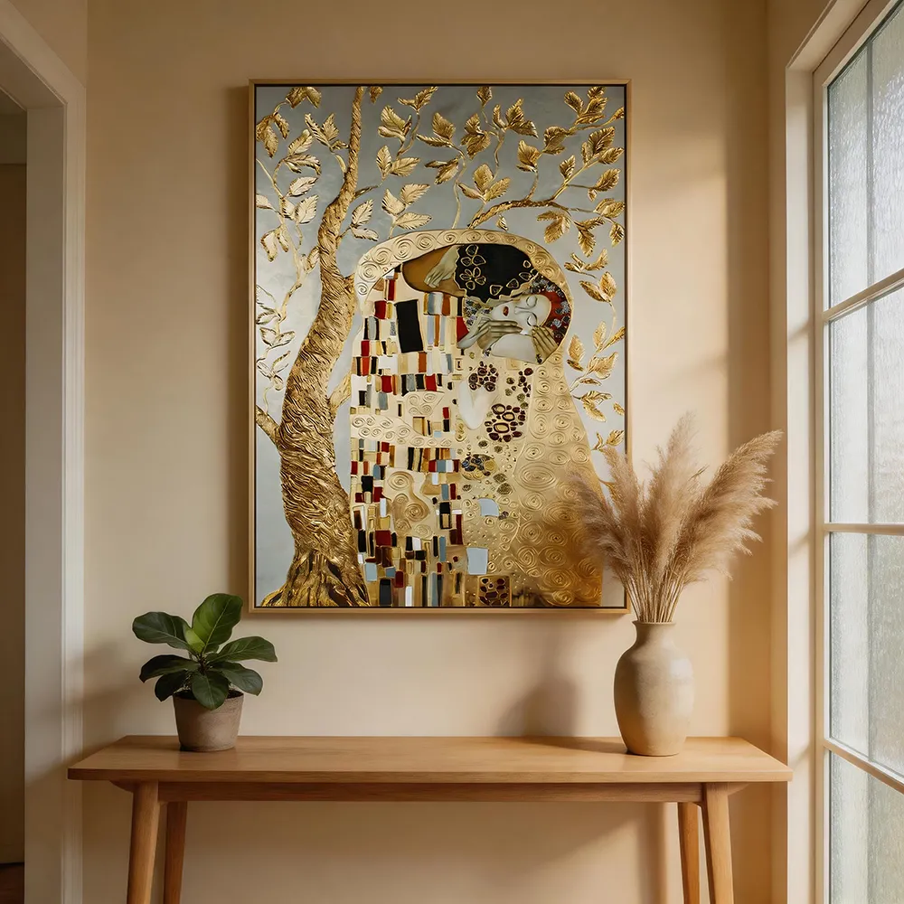现代轻奢克林姆特《吻》肌理烫金装饰画 新艺术运动立体艺术挂画 玄关客厅高端墙饰