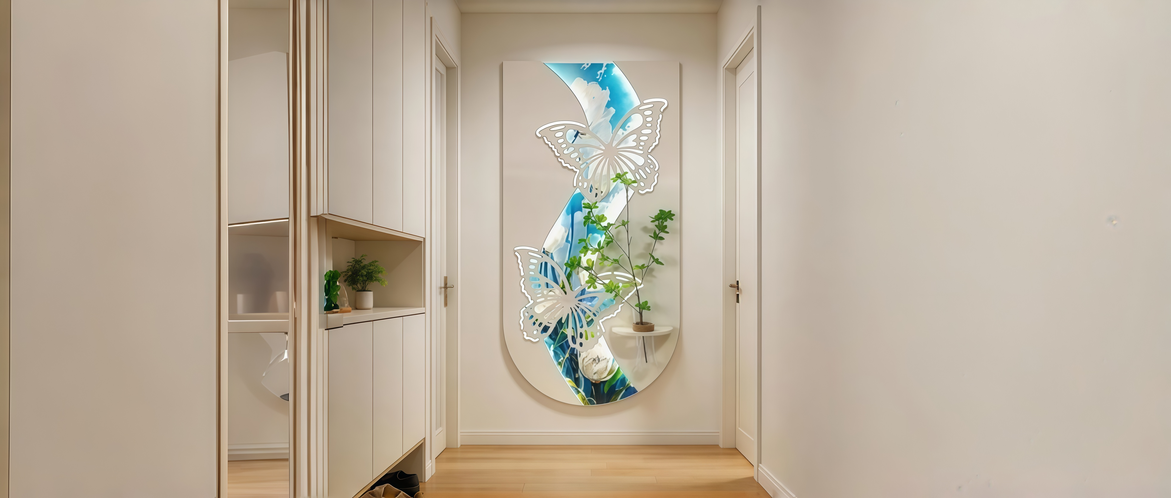 S-shaped backlit butterfly flower arrangement wall decoration, long and narrow blank wall transformation artifact