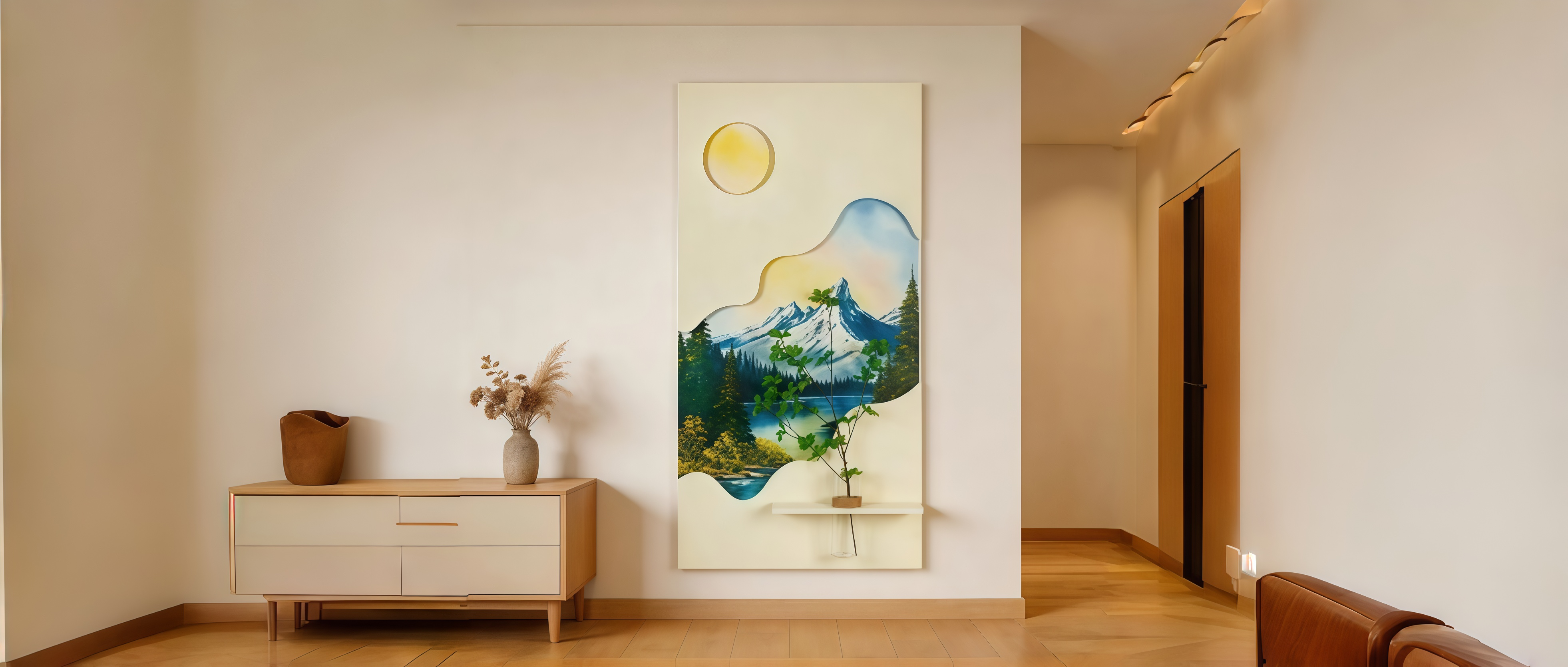 Three-dimensional illuminated wall art featuring landscapes, the sun, and the moon—perfect for decorating narrow entryways and hallways.