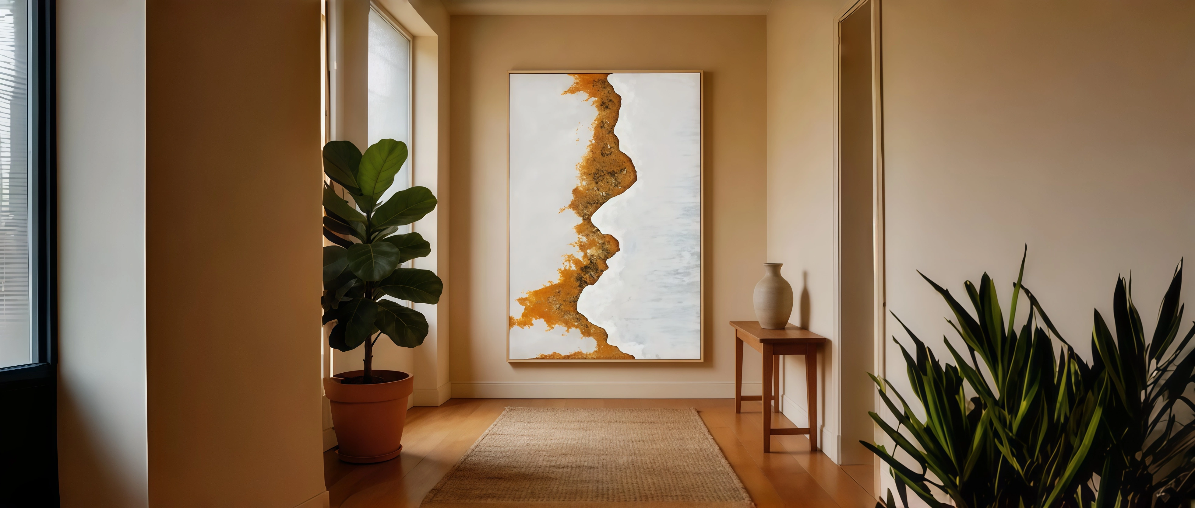 白金色河流塑层油画：为什么它很适合做玄关第一眼挂画？